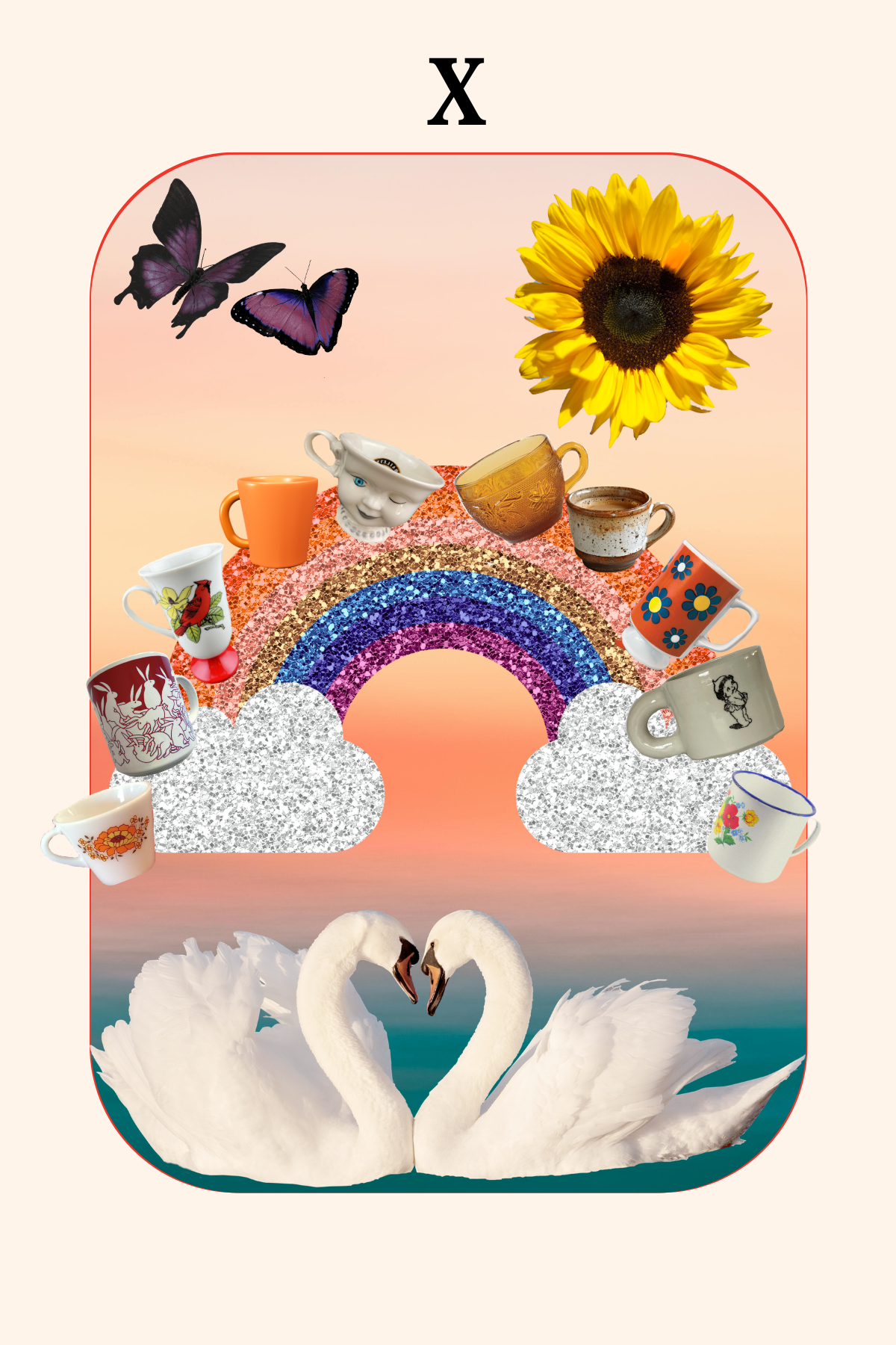 Collage reminiscent of 10 of cups tarot cards. Two swans facing each other on a body of water under a rainbow. couples therapist missouri