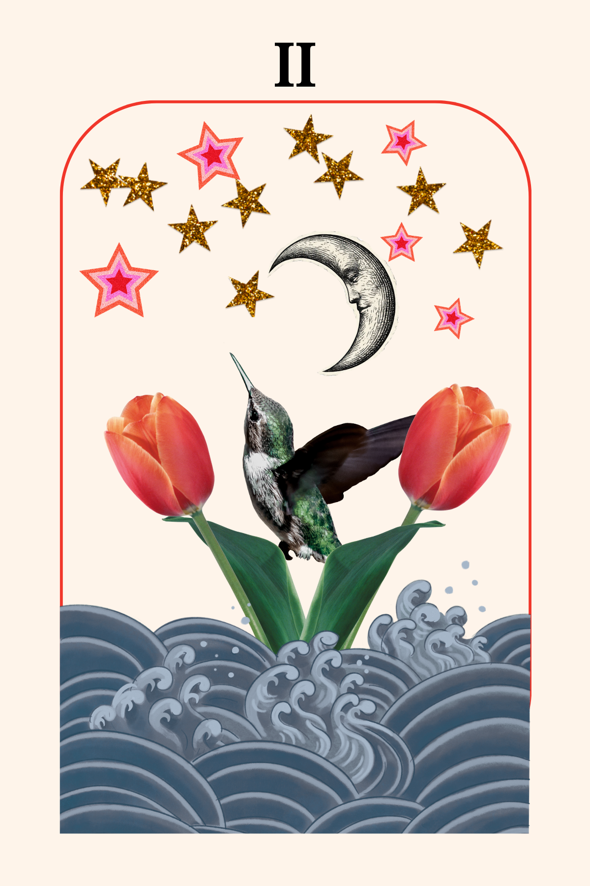A collage in the style of a 2 of swords tarot card.  featuring a hummingbird, tulips, a crescent moon with a face, golden and pink stars, waves, and the Roman numeral II at the top.