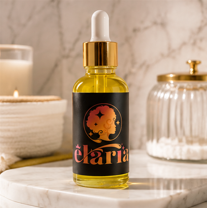 A small glass bottle with a dropper cap labeled 'Élarria' is on a white marble surface.
