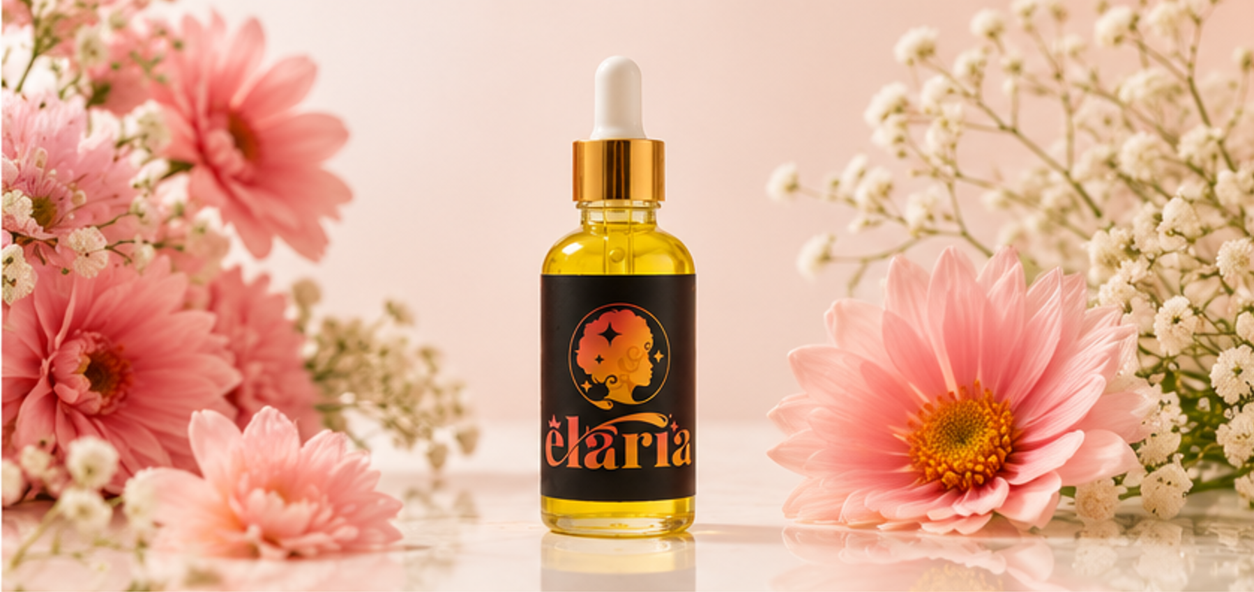 A small bottle of hair by Elaria with a white dropper and a black label reading 'Elaria,' surrounded by pink and white flowers against a soft pink background.