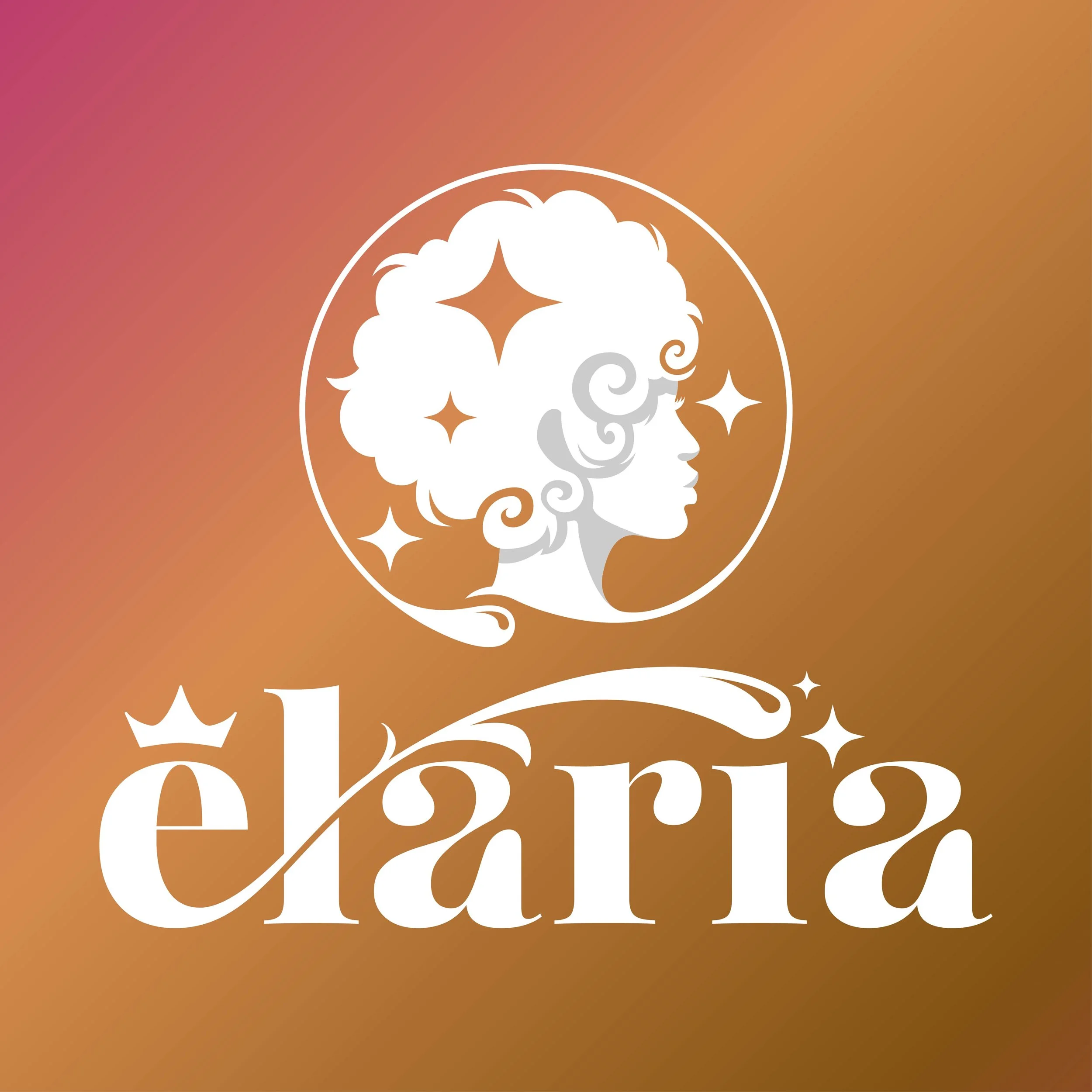 A stylized illustration of a person's profile with curly hair, white in color, surrounded by sparkling stars and a circular border, on an orange gradient background.