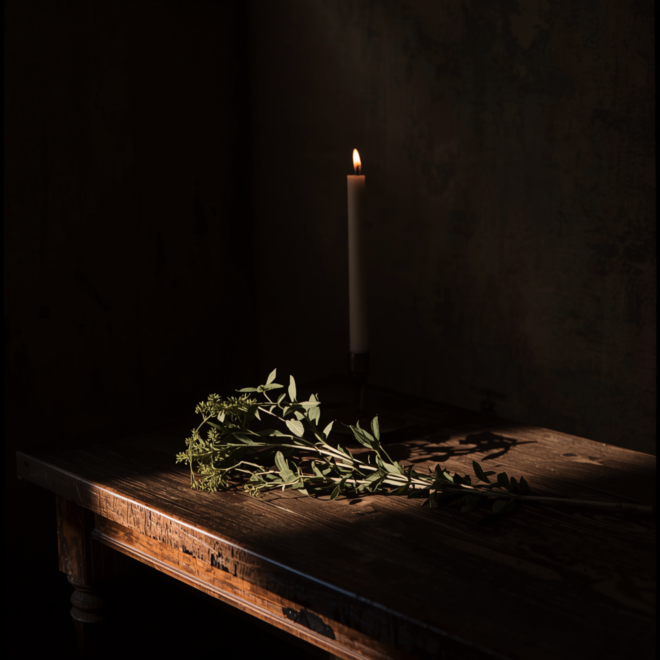 A tall white candle with a small flame on top is placed on a wooden surface, casting a warm glow in a dark room. There are some green leaves placed in front of the candle. The background is dark and plain.
