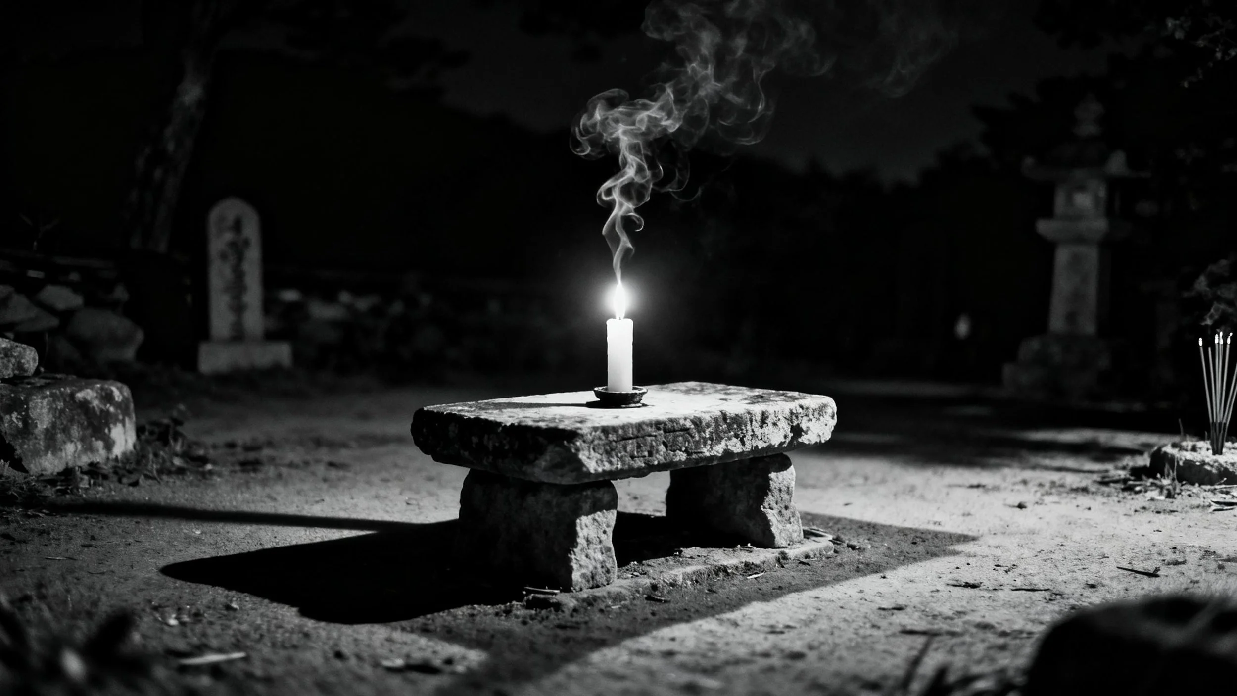 A lit candle on a stone altar with smoke rising from it, outdoors at night in a graveyard.