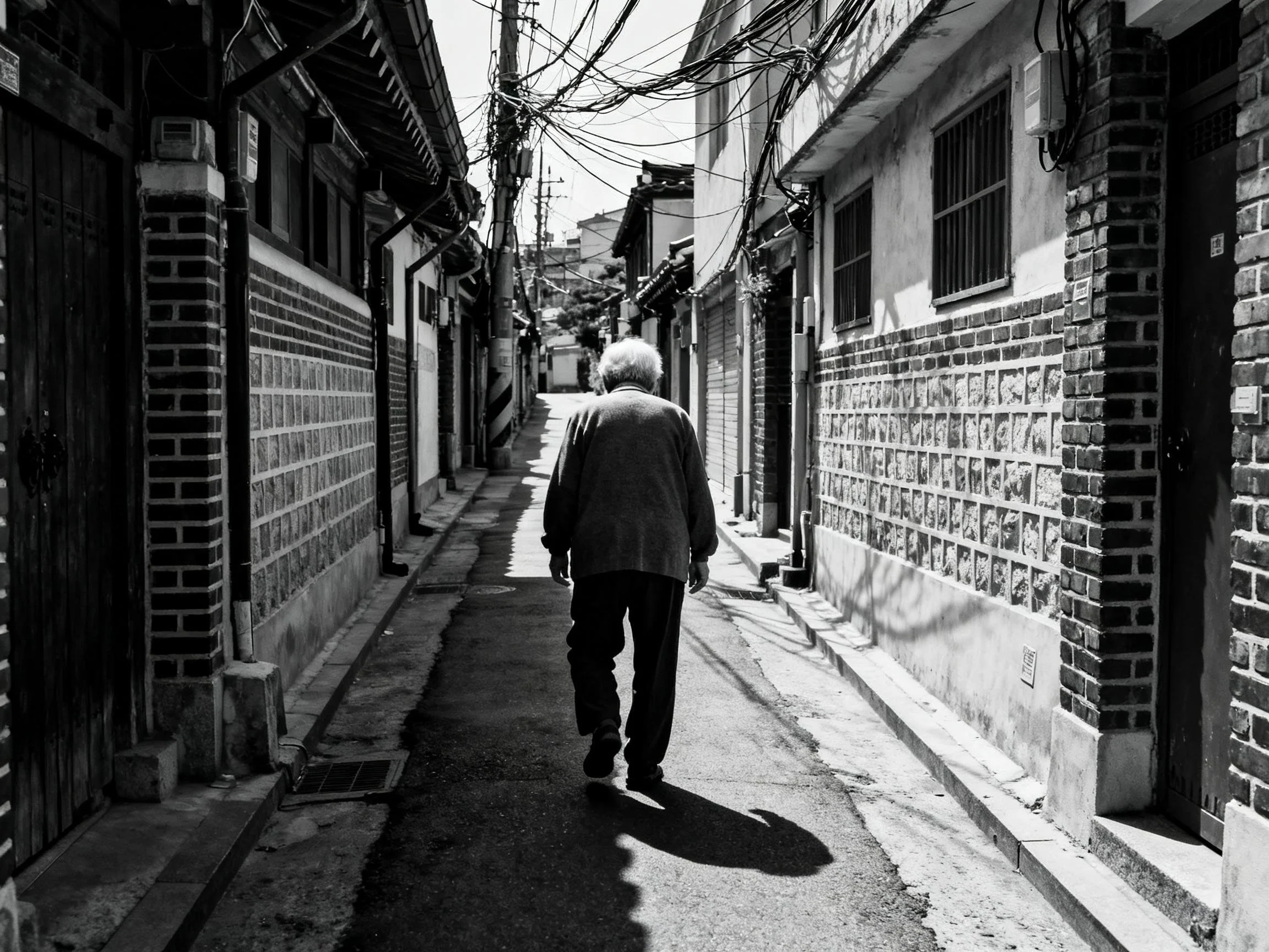 An elderly person walking down a narrow alleyway between brick and concrete buildings. The alley has wires overhead and shadows cast by sunlight.