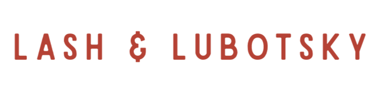 Text reading "LASH & LUBOTSKY" on a black background in red capital letters.