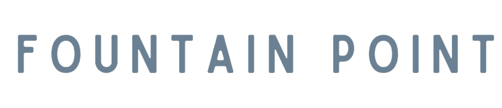 Fountain Point logo with text in blue on a black background.