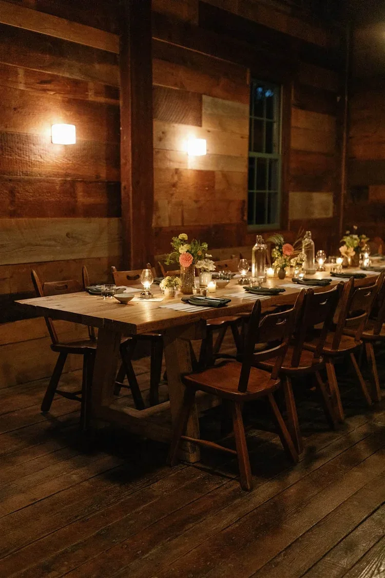 A rustic dining setup with a long wooden table, decorated with floral centerpieces, candles, and water bottles, inside a dimly lit wooden cabin or lodge.