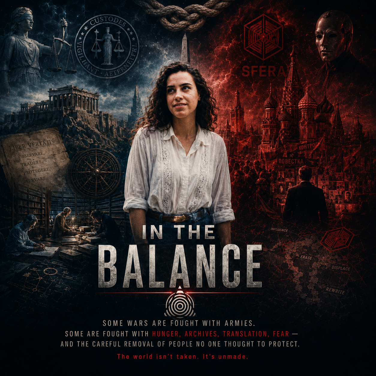A woman with curly hair in a white shirt stands in front of a collage of dystopian and scientific imagery, including books, maps, and figures representing justice and authority, with a title 'In the Balance' and a subtitle about war, hunger, archives, translation, fear, and societal control.