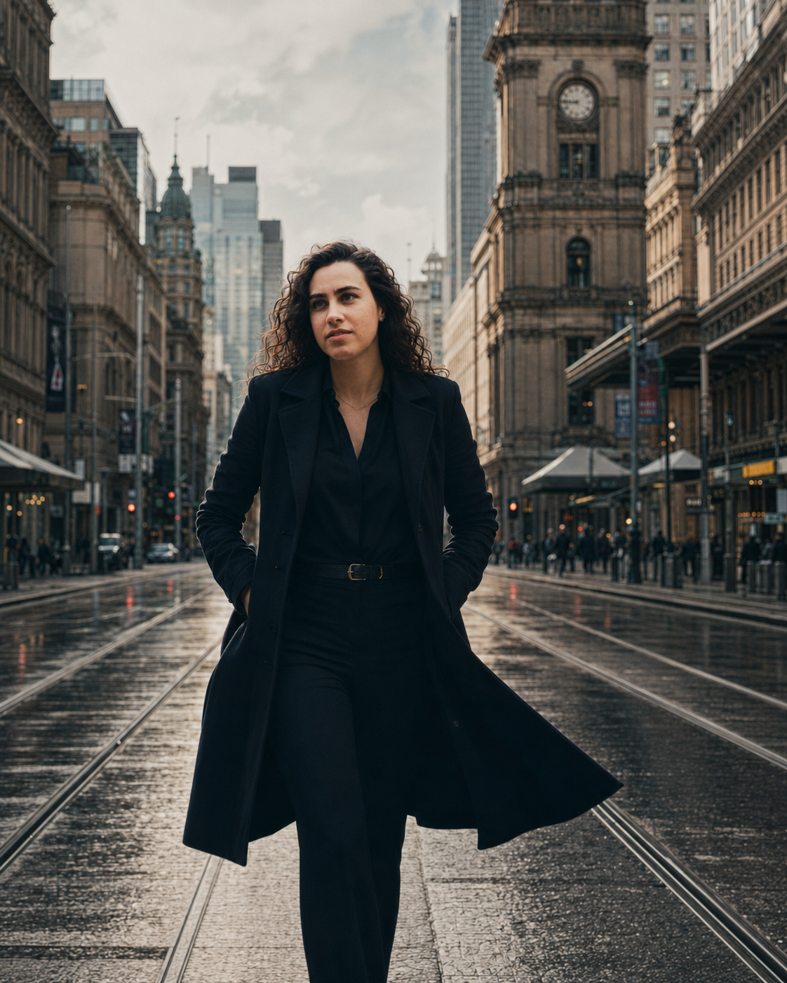 A woman in black clothing walking on city street with tall historic and modern buildings, tram tracks, and a clock tower in the background.