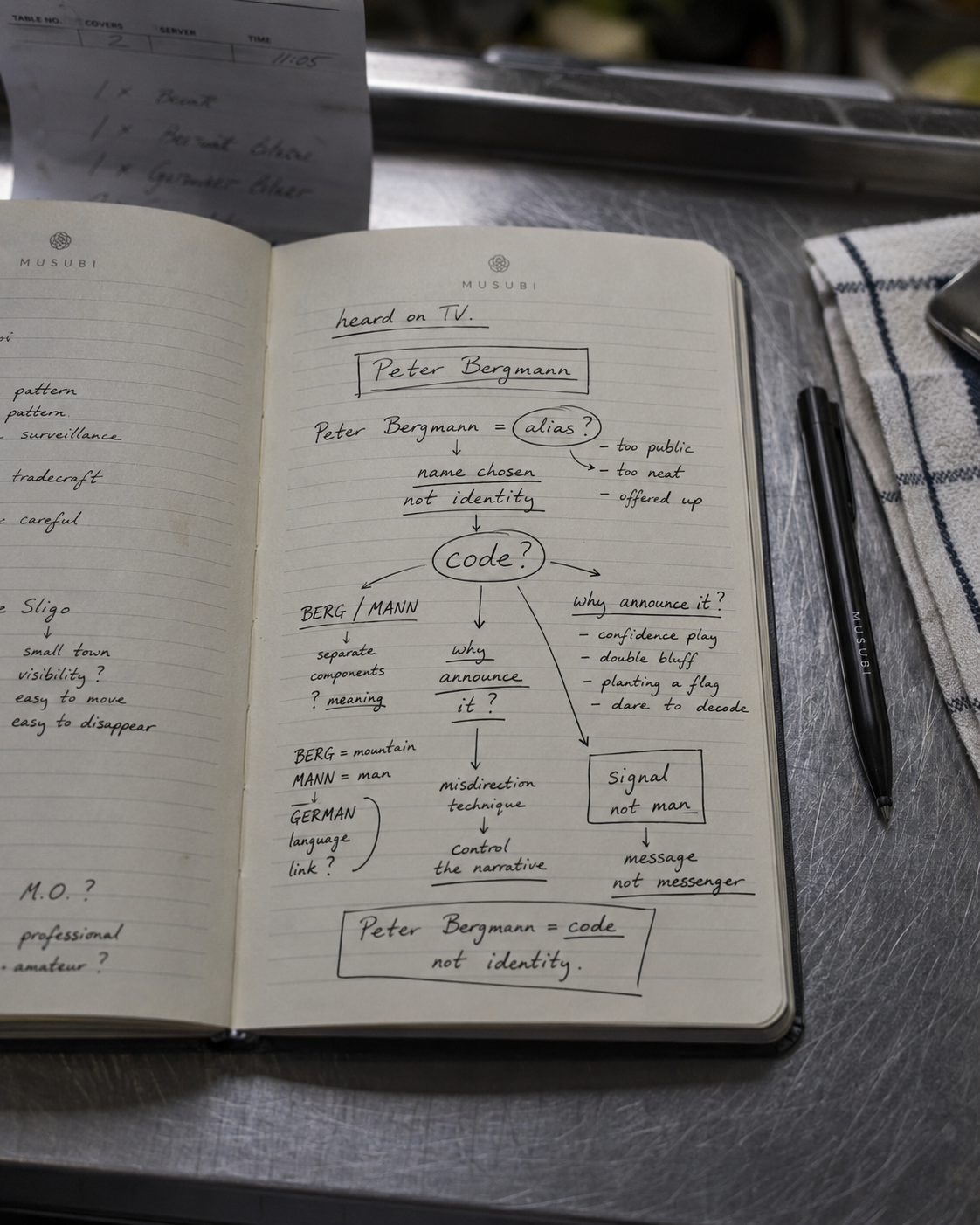 Open notebook with handwritten notes about Peter Bergmann, his alias, and code concepts, on a metal surface with a pen and napkin nearby.