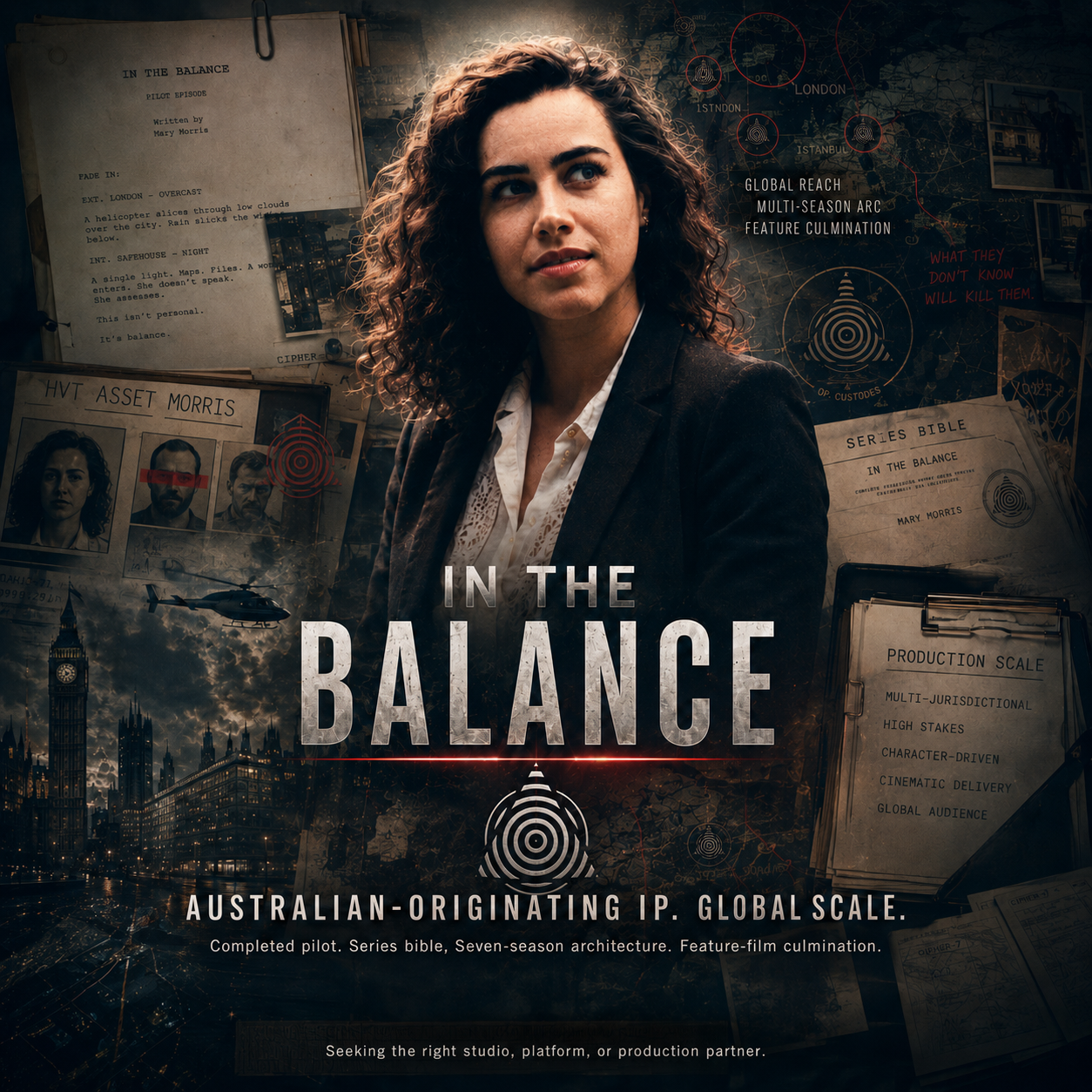 A woman with curly hair looking to the side, surrounded by schematics, documents, and images related to a film or series called "In the Balance." The background features cityscape imagery, a helicopter, and technological graphics, indicating themes of global reach, multi-season arch, and feature film culmination.