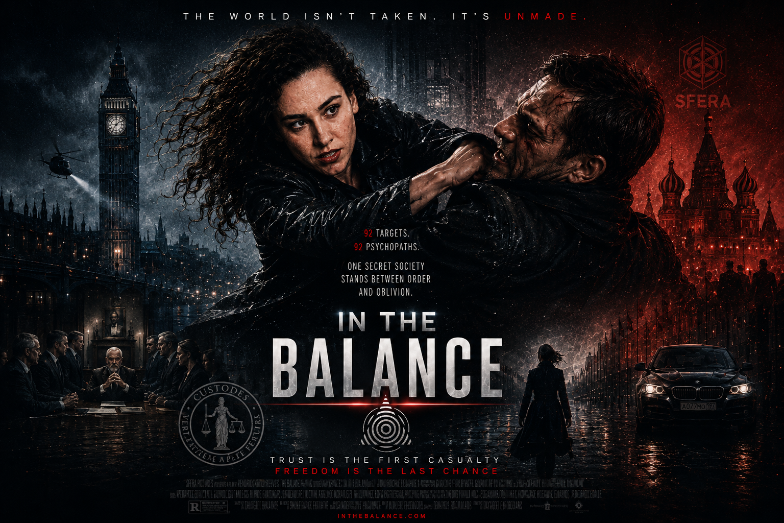 A promotional poster for the movie "In the Balance" shows a woman with curly hair fighting a man with dark hair and a bloody face in a dark cityscape. The background features Big Ben, a helicopter, and the Kremlin with a red sky. A group of people in suits sit at a table in the bottom left corner. The poster includes text about targets, society, and trust, with phrases like "The world isn't taken. It’s unmade" and "Trust is the first casualty."