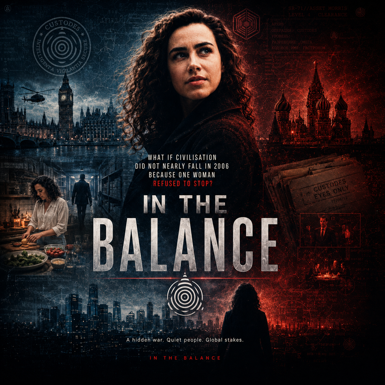 A promotional poster for a film titled 'In the Balance' features a woman with curly hair as the central figure, with a city skyline, Big Ben, and St. Basil's Cathedral in the background. The poster includes images of a woman preparing food, a man walking down a hallway, and a young woman in a suit. Additional graphic elements suggest espionage or technology themes. The text on the poster questions if civilization nearly fell in 2006 due to one woman refusing to stop, with a tagline at the bottom: 'A hidden war. Quiet people. Global stakes.'