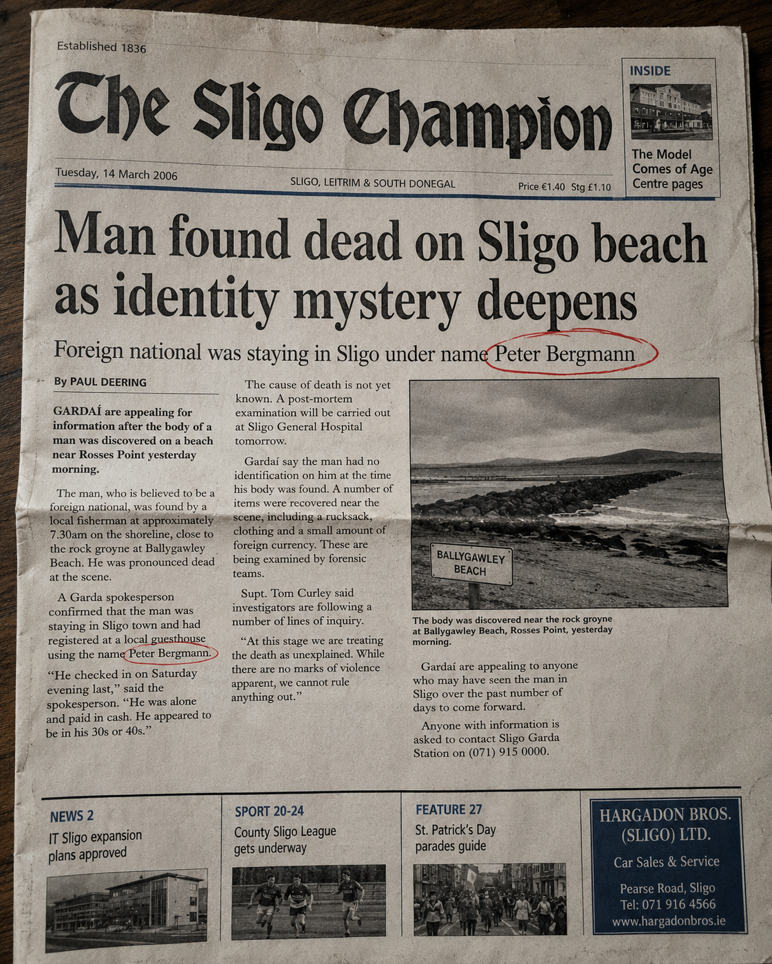 Front page of 'The Sligo Champion' newspaper, dated Tuesday, 14 March 2006, with headlines about a man found dead on Sligo beach and using the name Peter Bergmann.