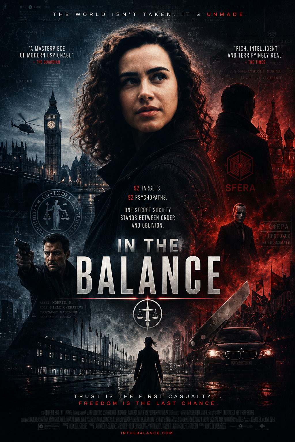 A promotional poster for the movie 'In The Balance' featuring a woman with curly hair in the foreground, with recognizable London landmarks like Big Ben and the Westminster Bridge in the background. The poster includes images of a man pointing a gun, a woman walking away in a cityscape, and a car on a wet street. It has text highlighting themes of espionage, targets, and secret societies.