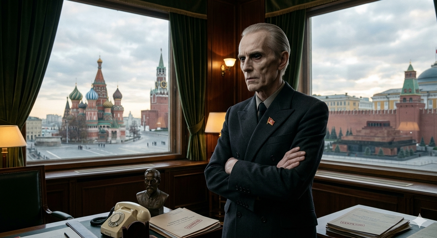 A man with gray hair dressed in a black suit stands with arms crossed in an office with large windows showing the Kremlin and Red Square. The office has a wooden desk with a bust, telephone, and stacks of papers.