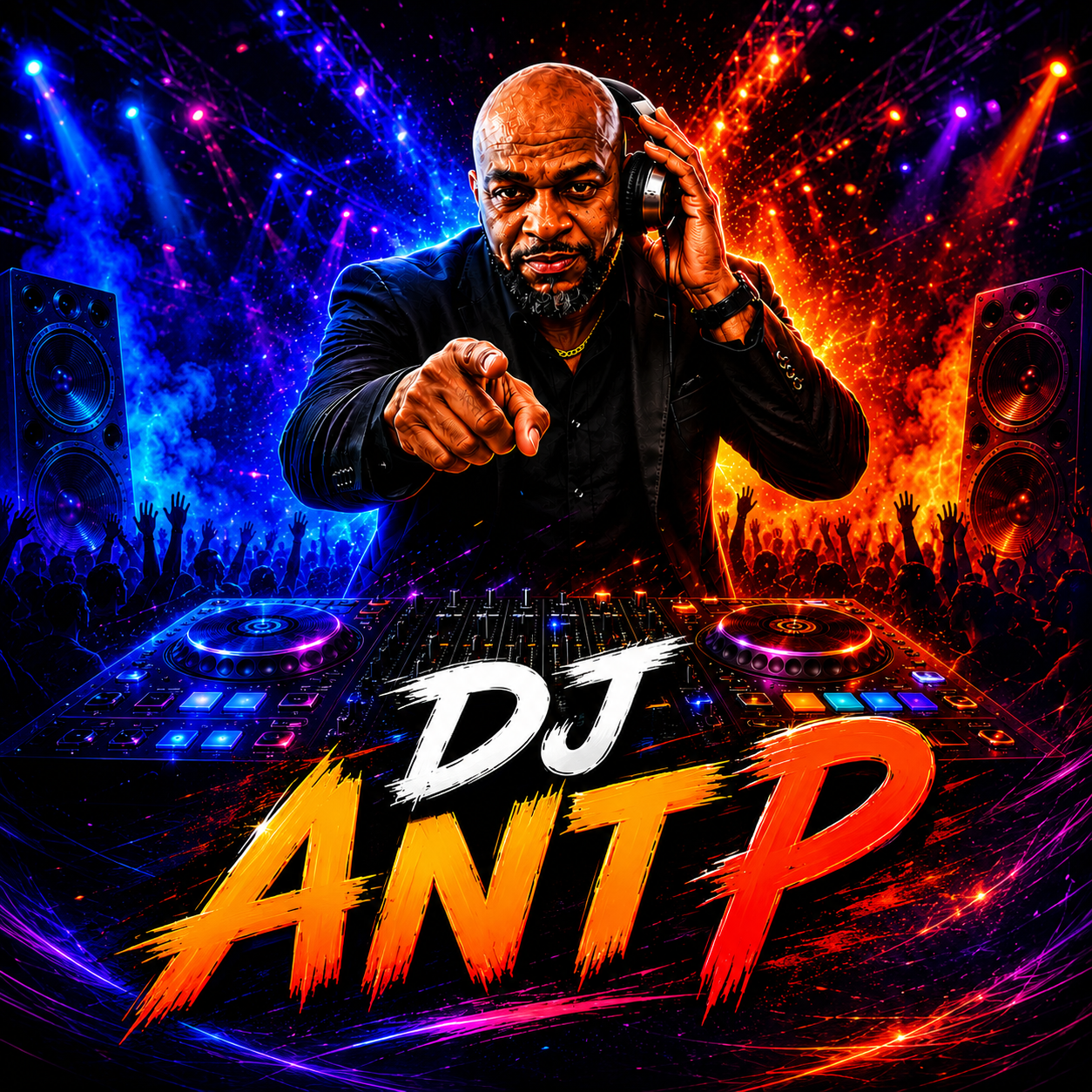A DJ with a bald head and beard, wearing headphones and pointing toward the viewer in front of a vibrant concert scene with blue and orange lighting, large speakers, and a crowd raising their hands. Text overlay says "DJ ART P" in bold, colorful letters.