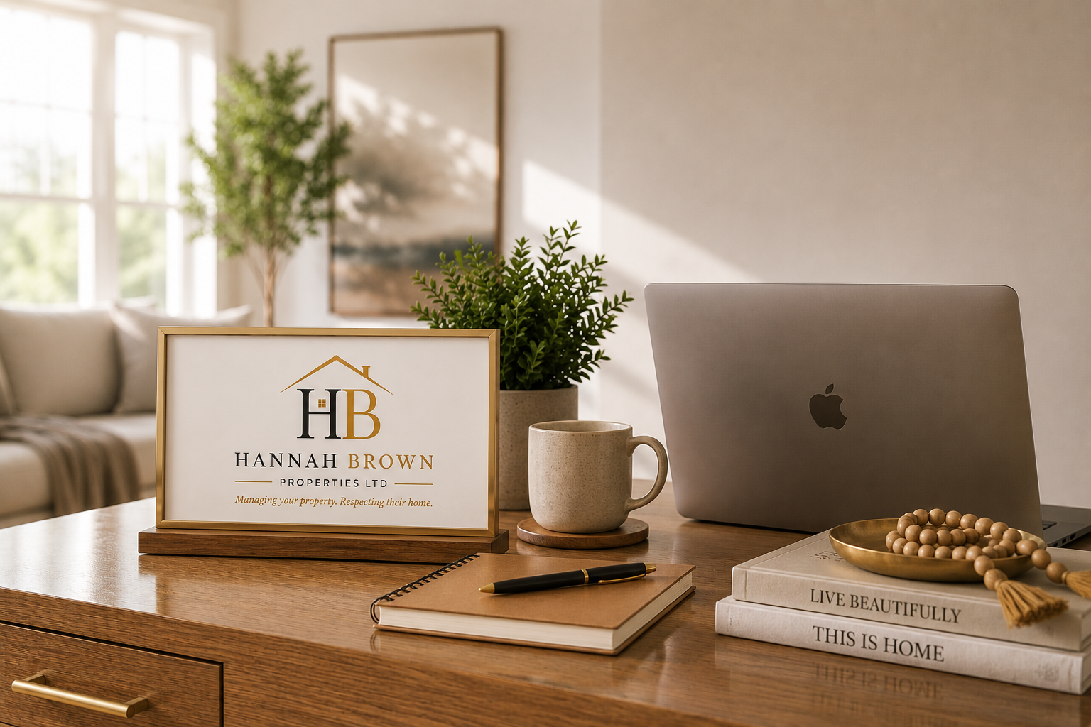 A desk with a framed sign for Hannah Brown Properties Ltd, a ceramic mug, a potted plant, a closed MacBook, a notepad with a pen, a stack of two books titled "Live Beautifully" and "This is Home," and a gold plate with wooden beads. The background includes a sofa, pillows, a window, and wall art in a cozy, well-lit living space.
