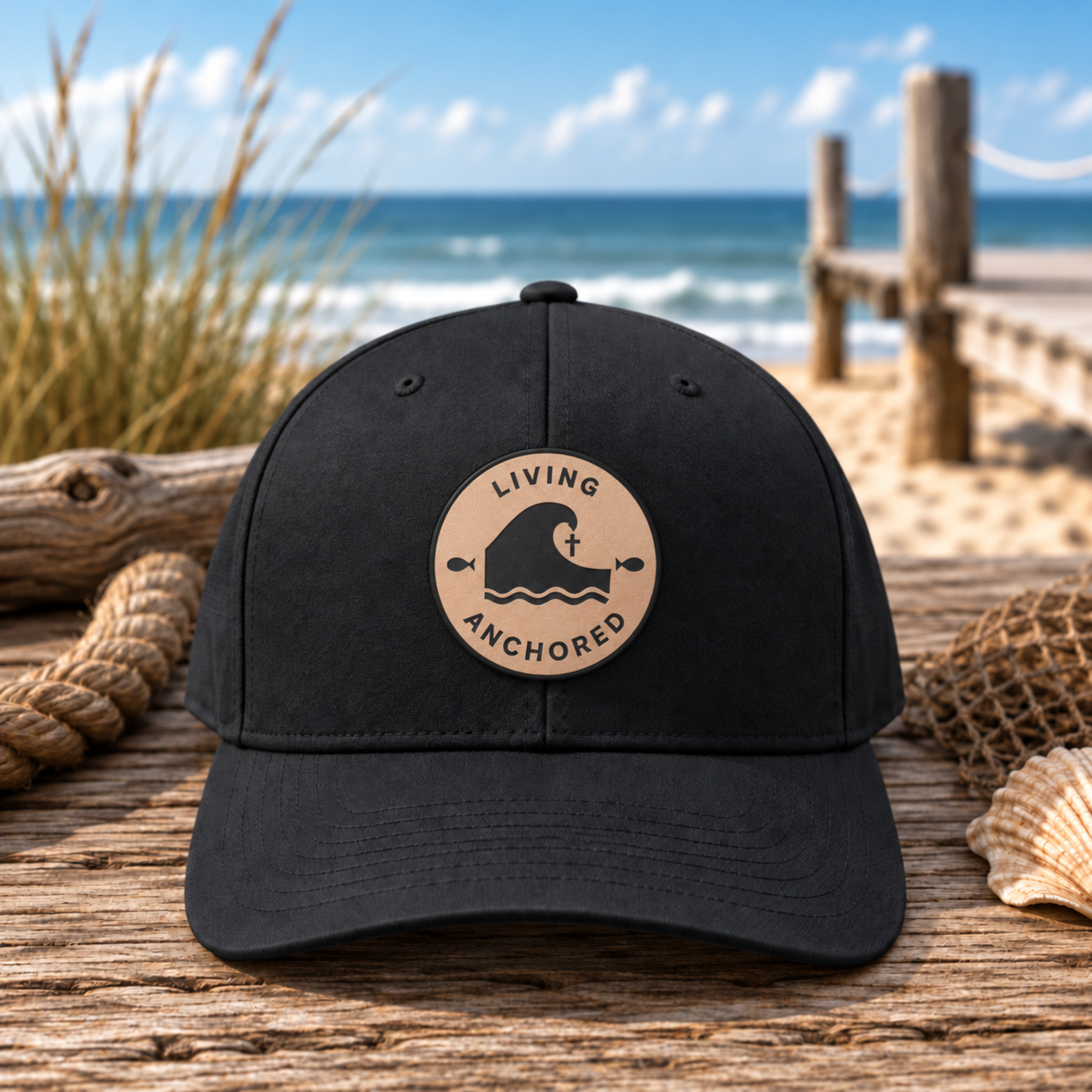 Living Anchored Flexfit Hat – Midnight Black w/ Leather Patch