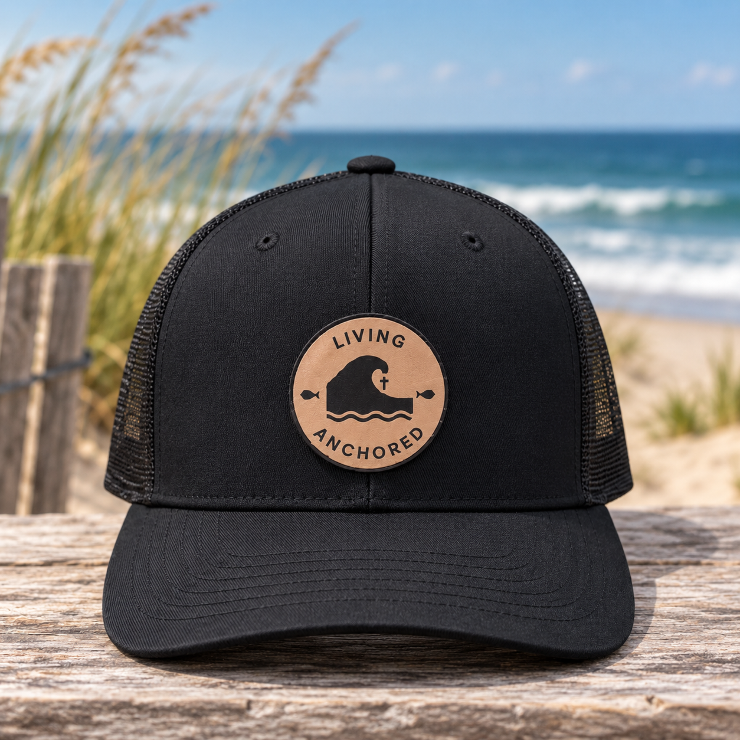 Living Anchored Trucker Hat – Black w/ Leather Patch