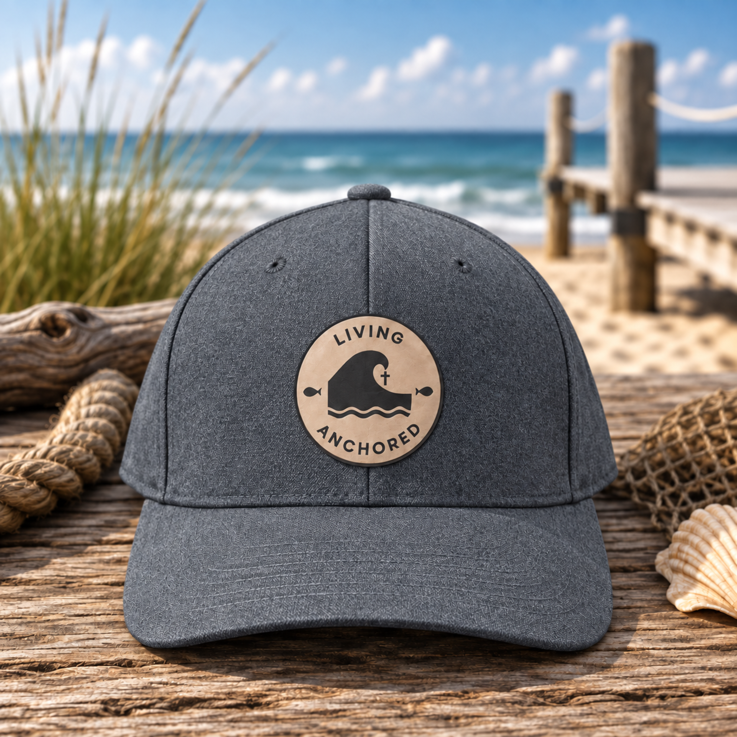 Living Anchored Leather Patch Flexfit Hat – Charcoal Gray w/ Leather Patch