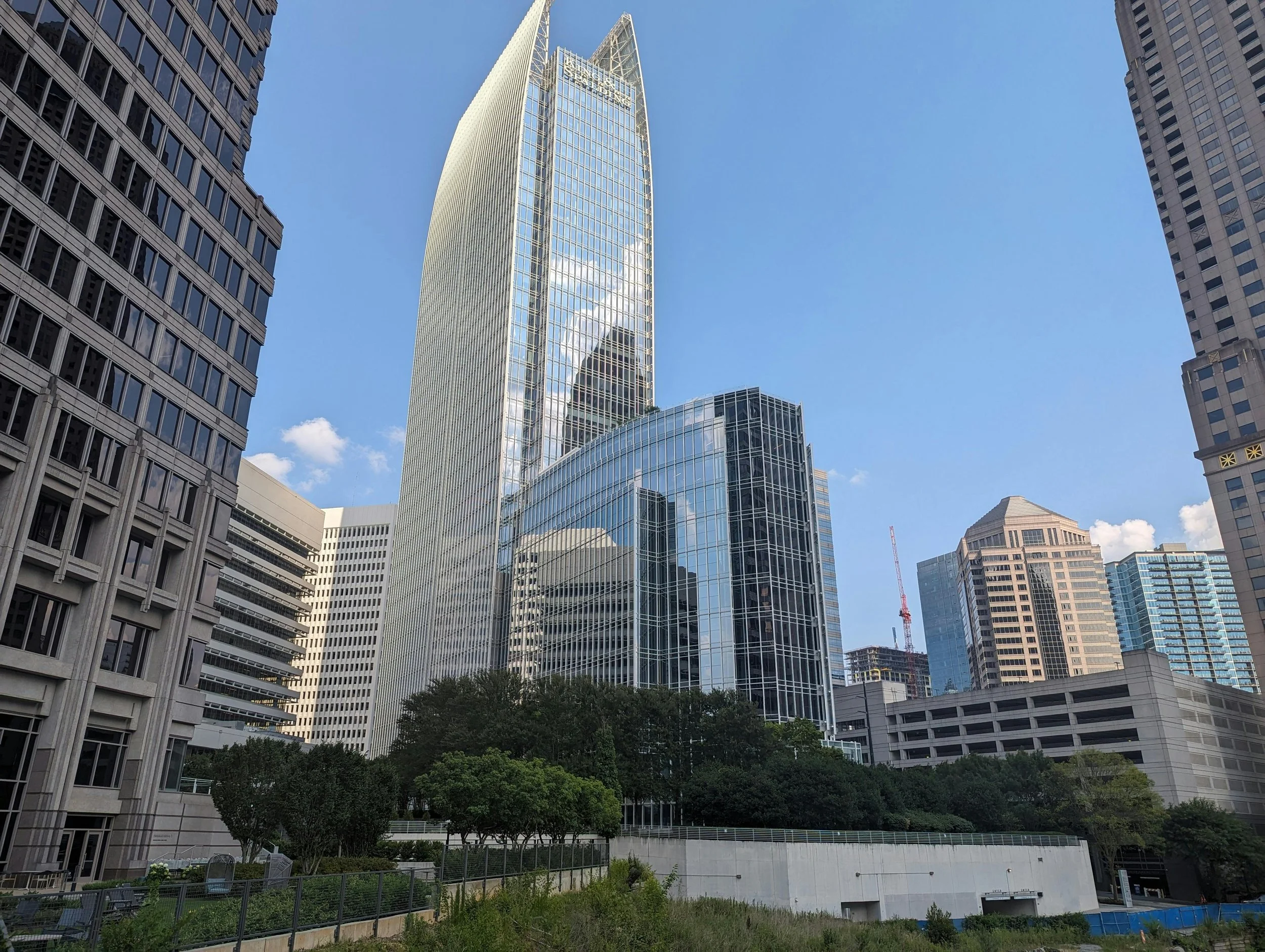 A cityscape with modern glass and concrete skyscrapers under a clear blue sky. There is greenery at the base of the buildings.