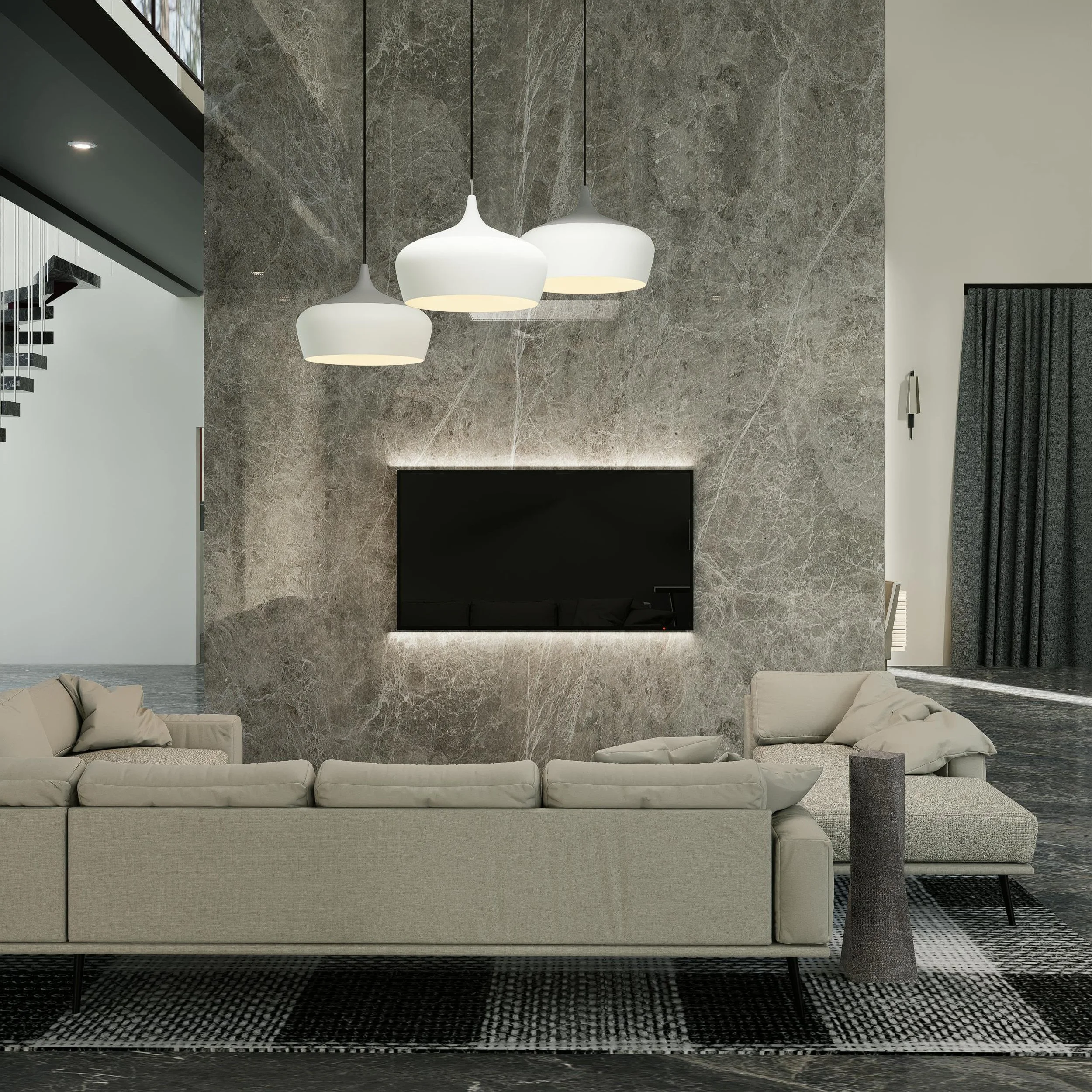 Modern living room featuring a beige sofa, a gray side table, black and white patterned rug, and a large marble accent wall with three hanging white pendant lights.