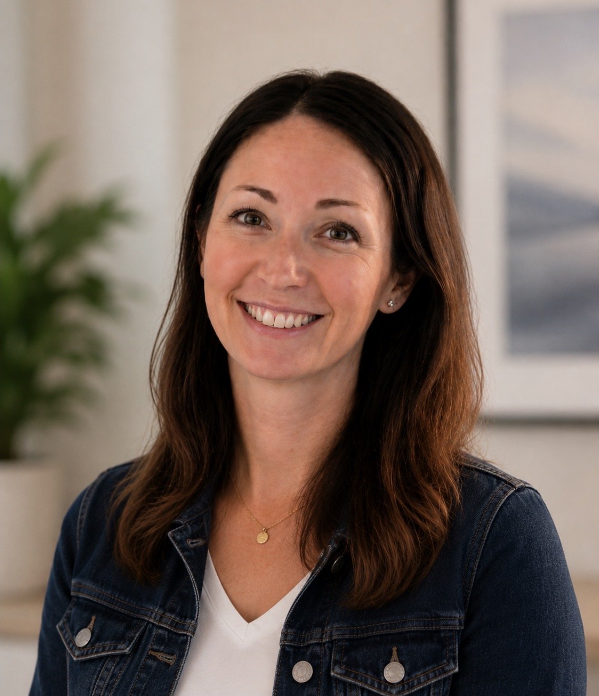 A woman with long brown hair, smiling, wearing a denim jacket and a white shirt, in an indoor setting with a blurred background featuring a framed picture and a plant.