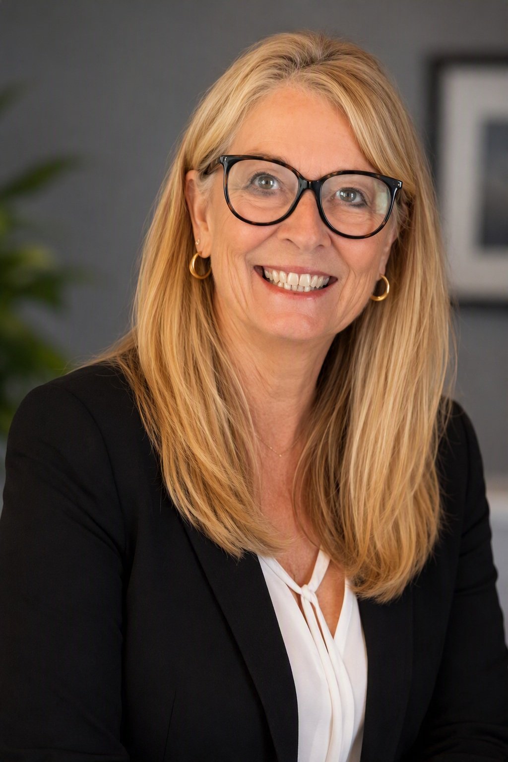 A smiling woman with blonde hair, glasses, and hoop earrings, wearing a black blazer and white blouse, sitting indoors.