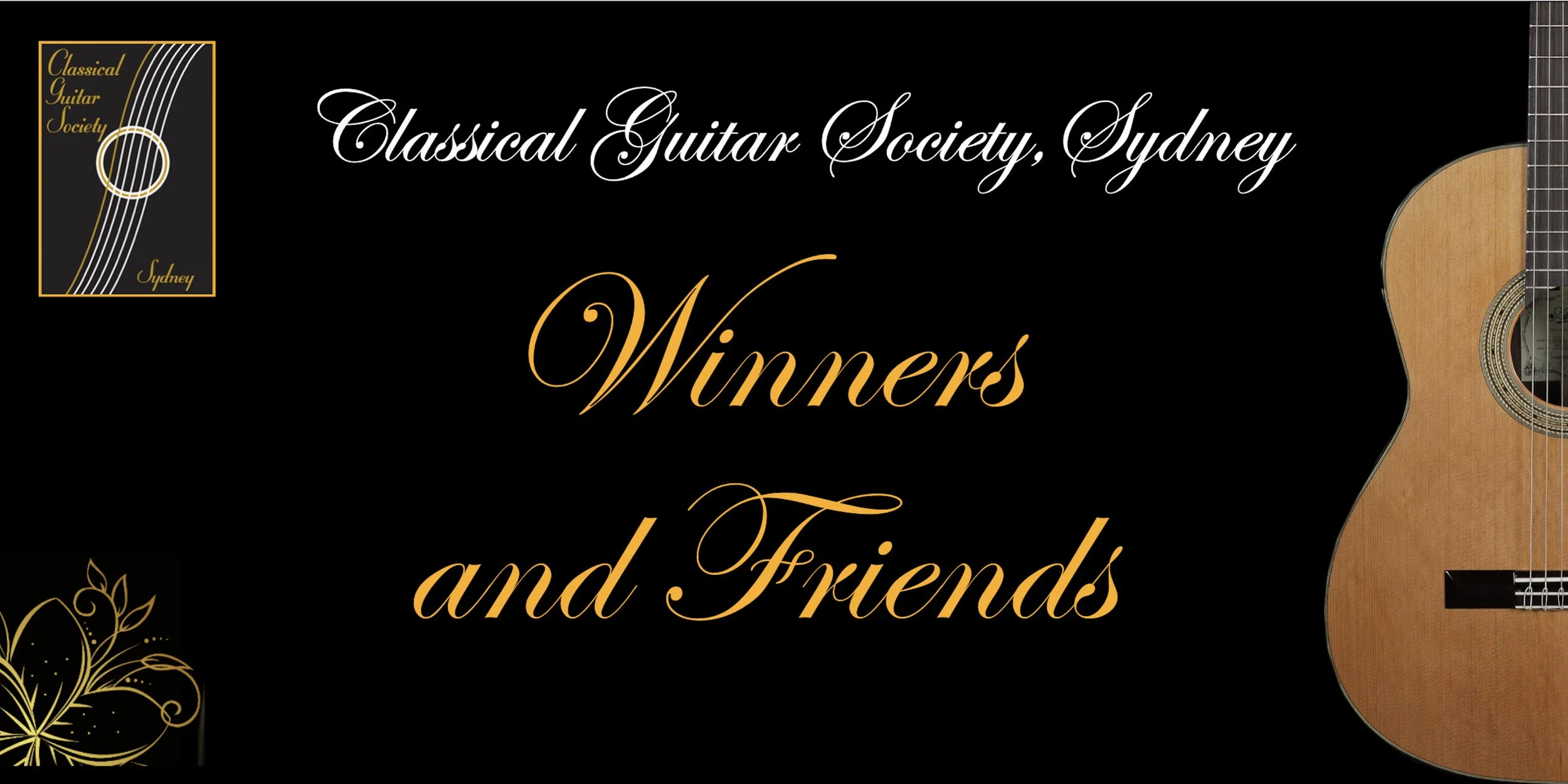 A banner for the Classical Guitar Society, Sydney, featuring elegant white and orange script text that reads "Classical Guitar Society, Sydney Winners and Friends,"