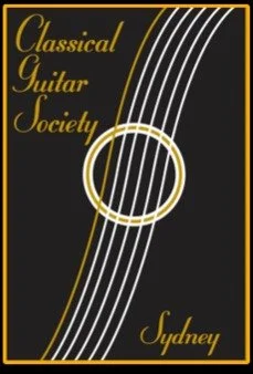 Poster for the Classical Guitar Society in Sydney with a black background, white lines representing a guitar, and yellow text.