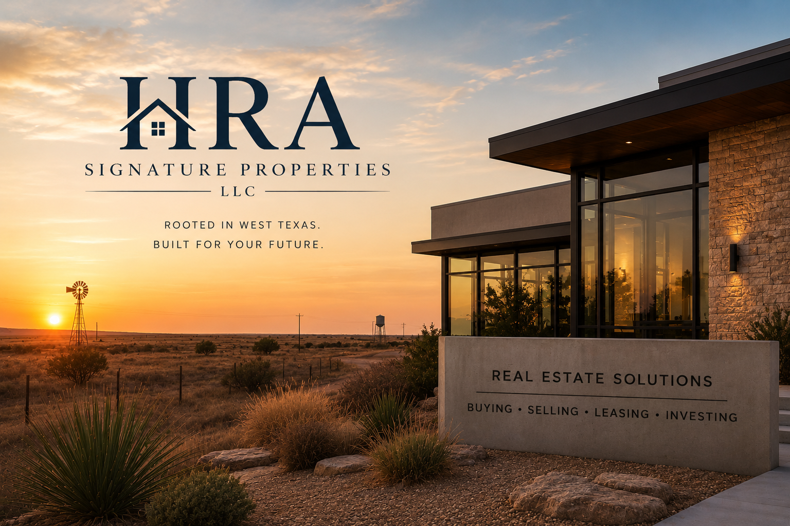 Sunset over a rural landscape with a modern building and a sign for real estate solutions by HRA Signature Properties LLC in Odessa Texas.