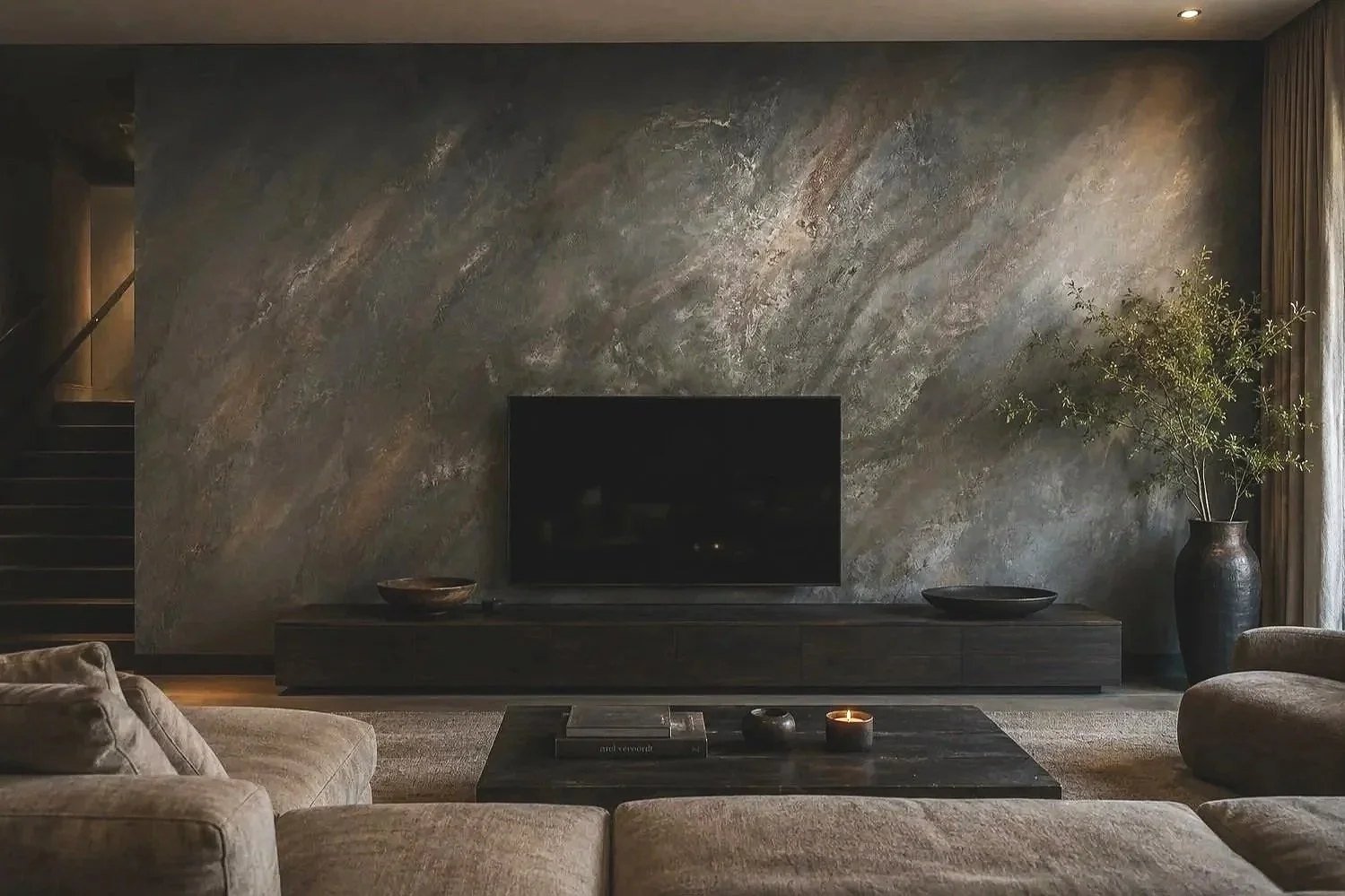 Warm metallic wall in a commercial event space with storefront windows