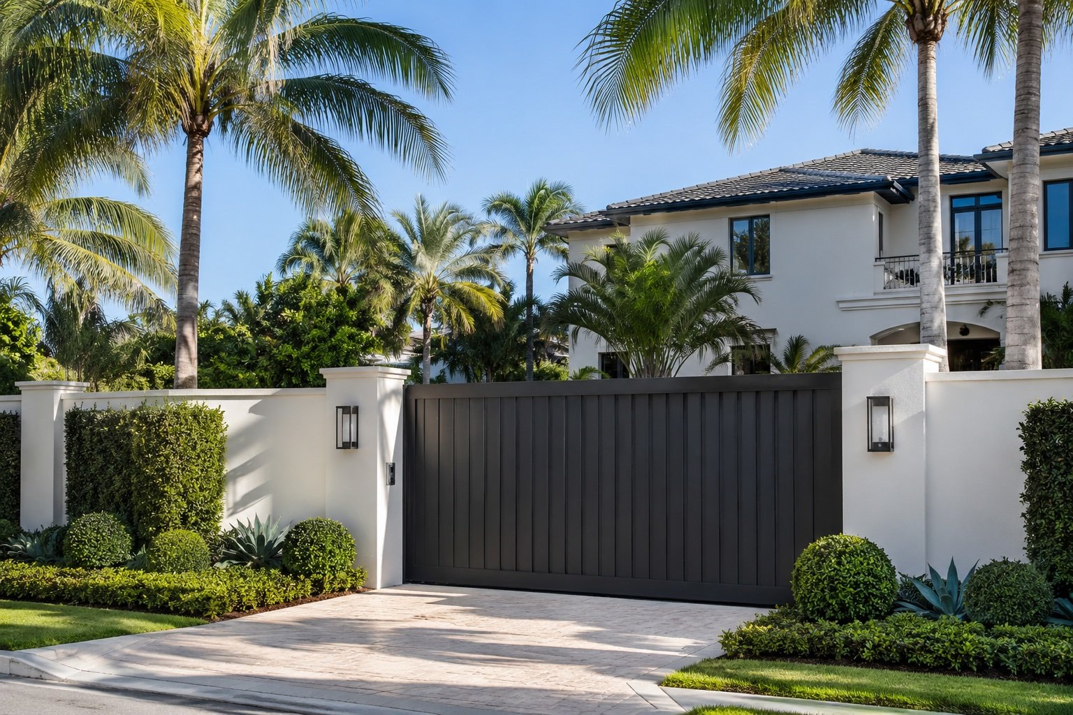 LUXURY SOUTH FLORIDA HOME EXTERIOR PAINT PRIVACY WALL AND GATE DETAIL