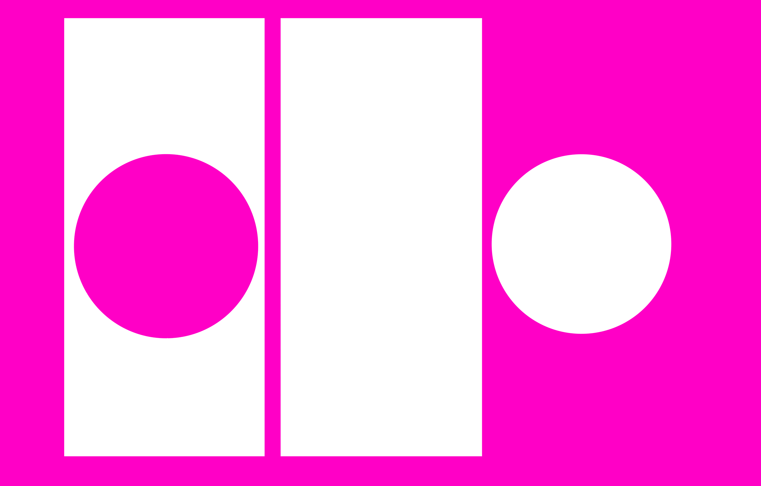 Pink background with two black rectangles, each containing a large pink circle and a smaller black circle.