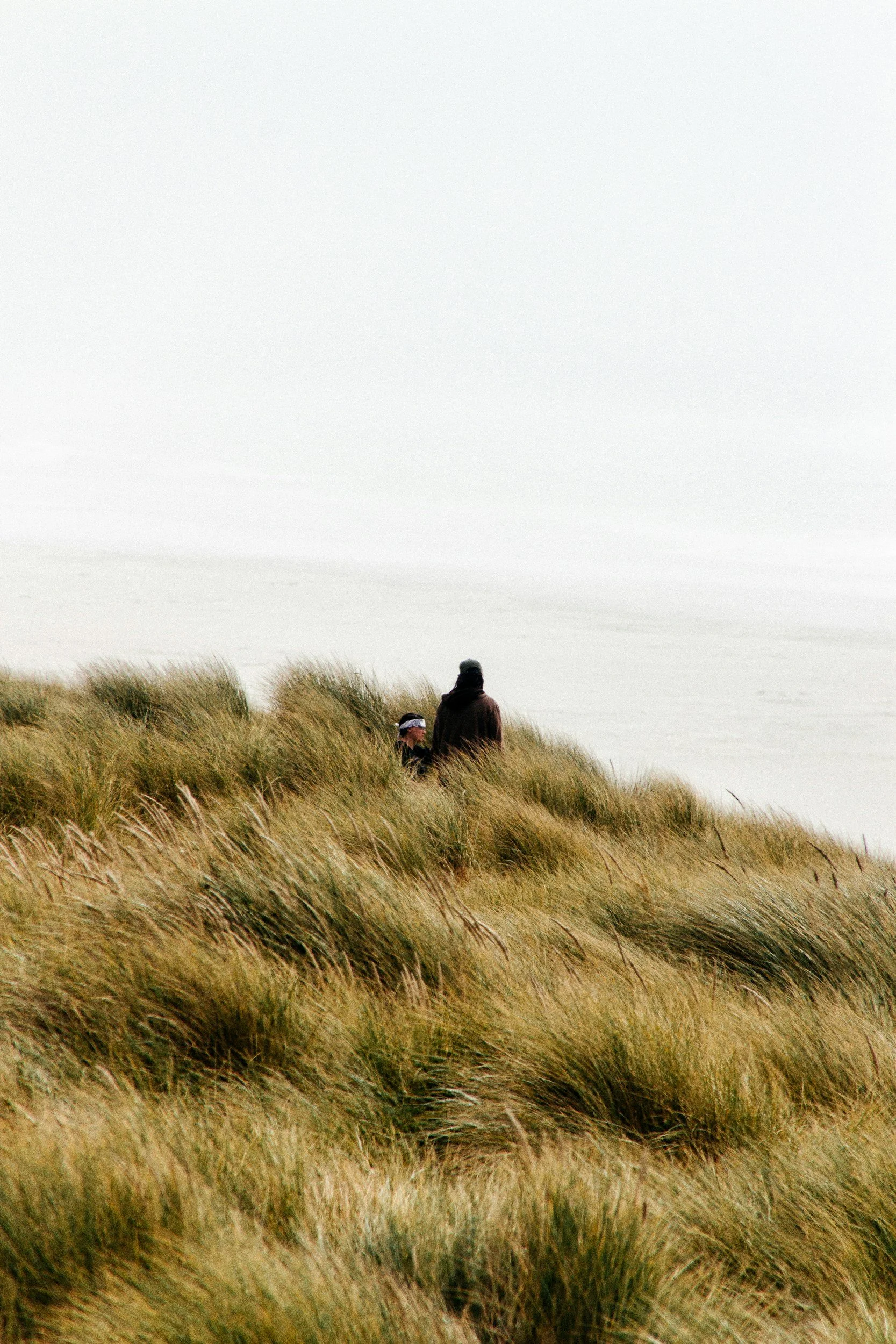 A person walking through tall grass along a seaside dunes, with gray sky and water in the background.