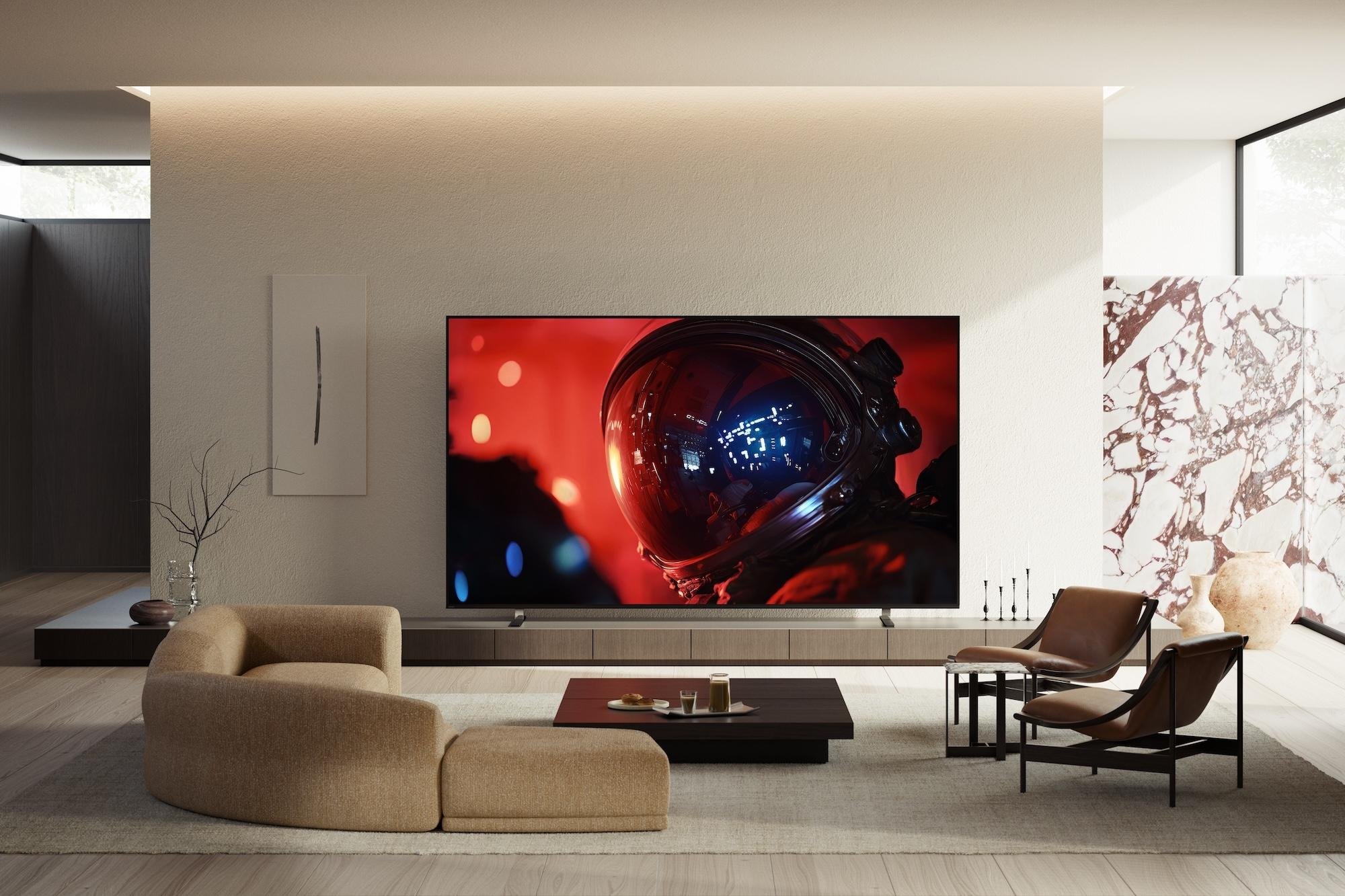 Sony TV in luxury style living room full of ultra modern furniture creating an at home cinema experience. Full color award winning picture and sound TV products.