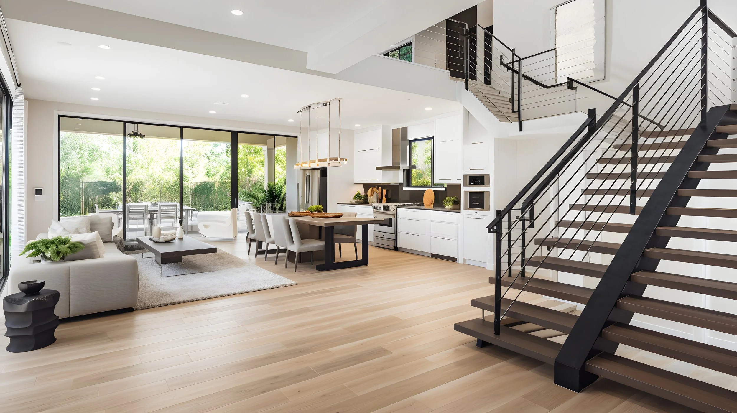 Smart home modern finishes showing an open concept kitchen with lots of natural light and modern lighting hanging from the ceiling. New and leading edge smart appliances like a stove and fridge with home automation technology.