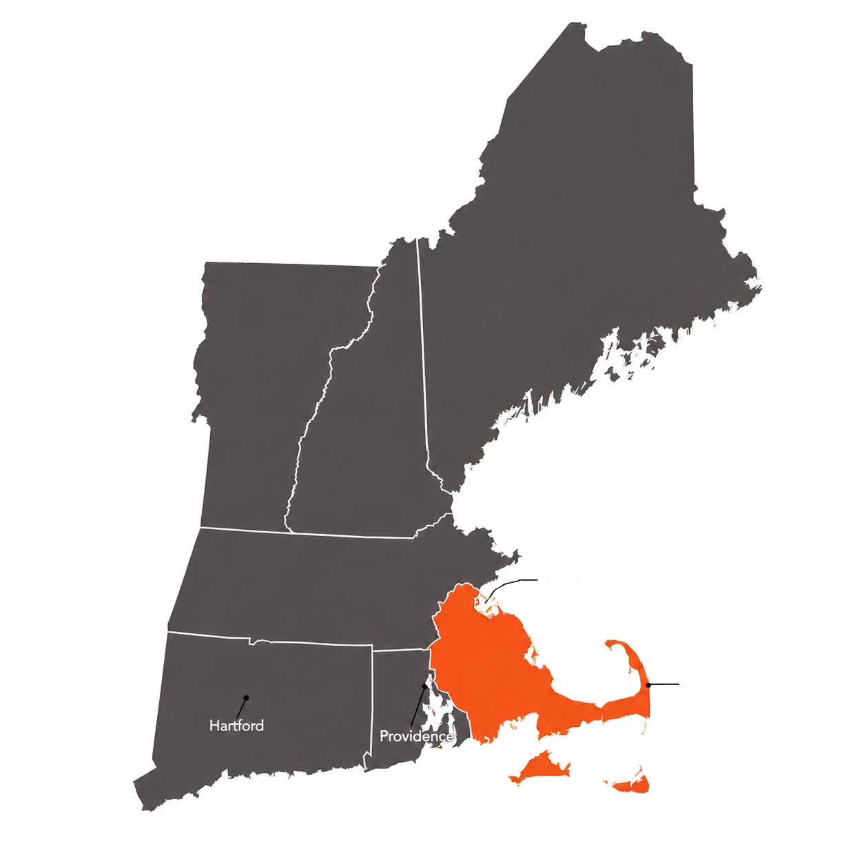 Map of New England in grey highlighting in orange Southeastern Massachusetts, Cape Cod, and the Greater Boston area.