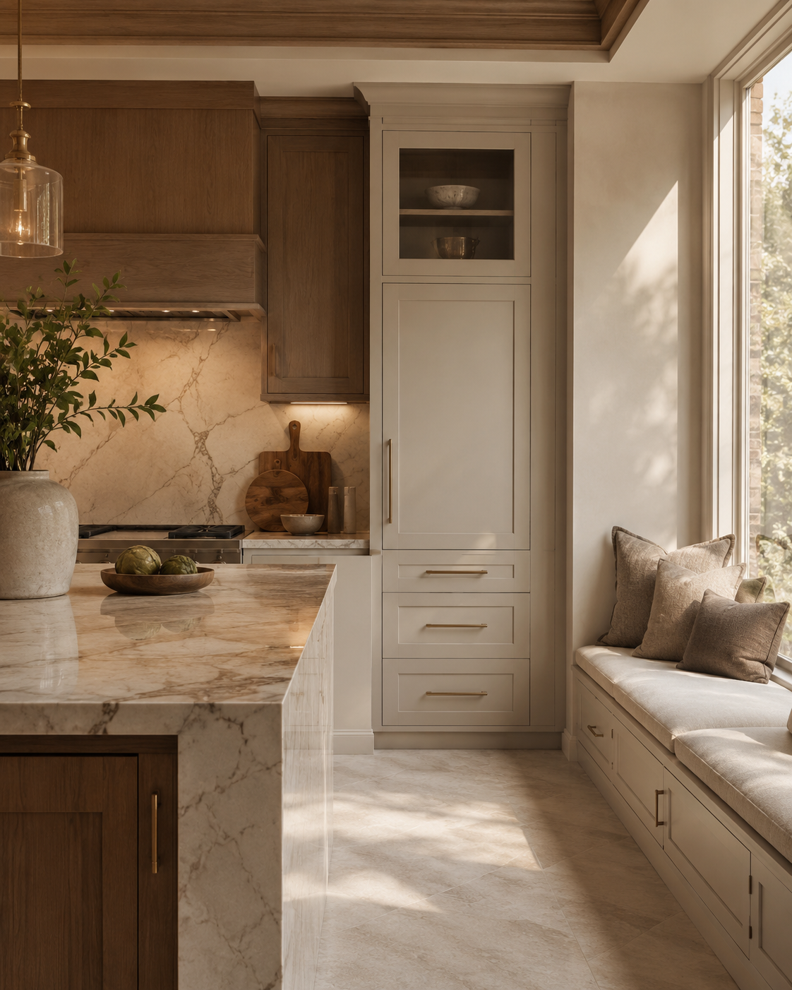 Elegant kitchen remodeling with a custom marble island countertop, warm cabinetry, built-in storage, and natural lighting by DG Kitchen & Stone.