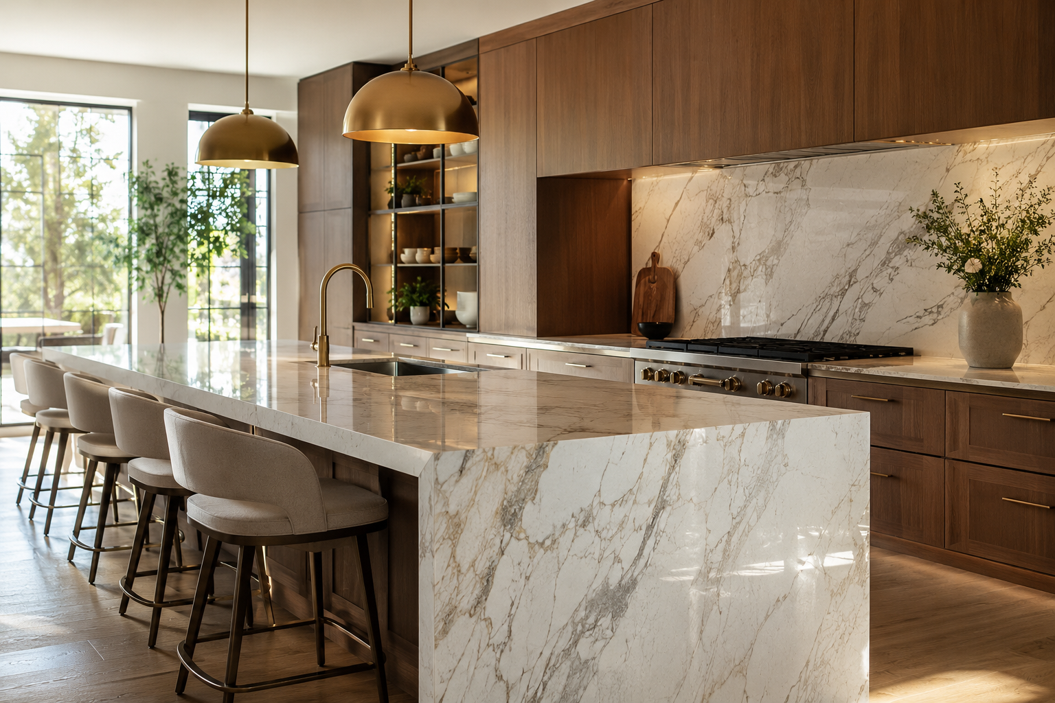 Modern luxury kitchen with custom marble island by DG Kitchen & Stone in Worcester MA.