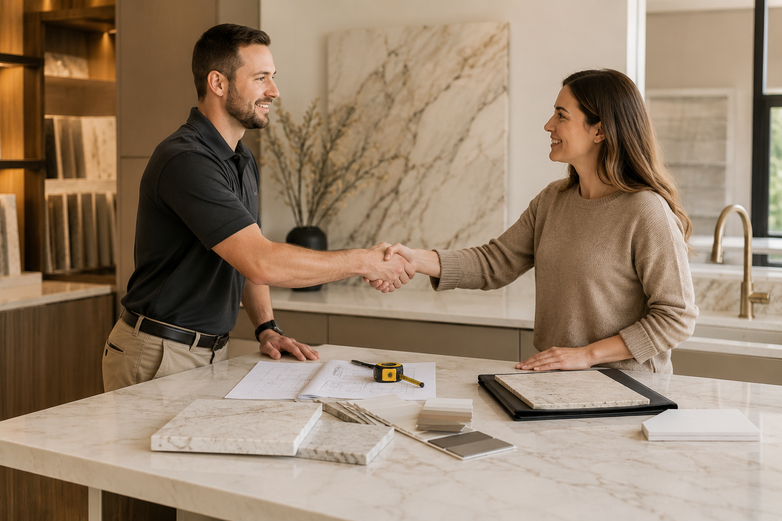 Professional kitchen and stone consultation with a homeowner reviewing countertop materials and project plans by DG Kitchen & Stone.