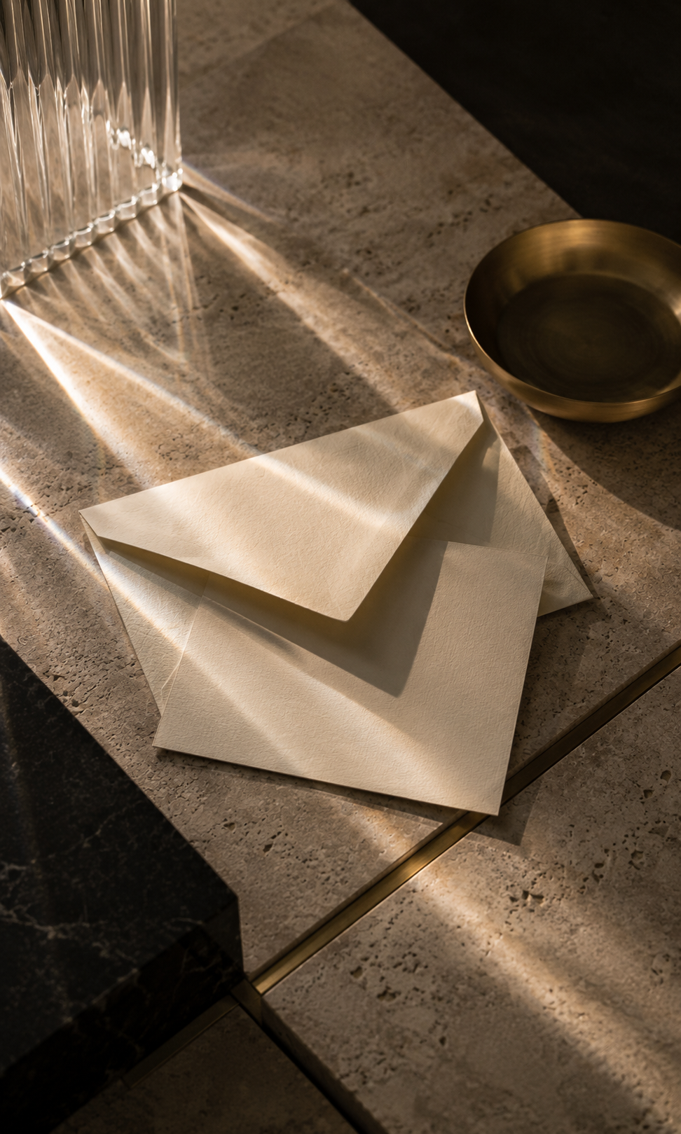 Unmarked ivory envelope and folded card crossed by golden rays of sunlight, representing confidential inquiry and strategic correspondence with RAEYS.