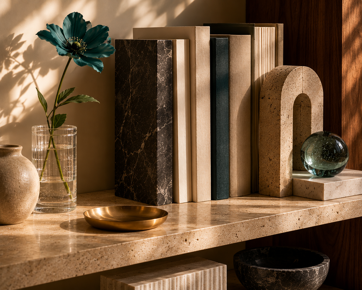 Refined cultural archive shelf with sculptural objects, unlabeled books, brass details, and a teal flower, representing cultural strategy, curation, language, and global communication.