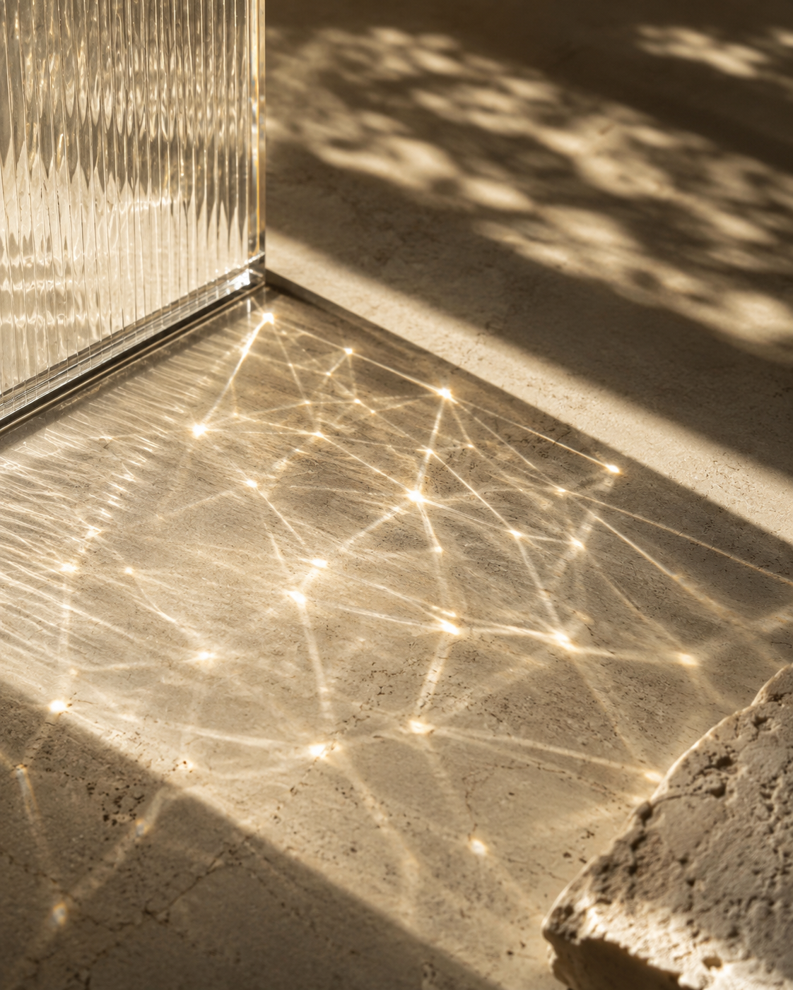 Warm sunlight passing through textured glass to form network-like light patterns, representing AI intelligence, agents, automation, and decision support.