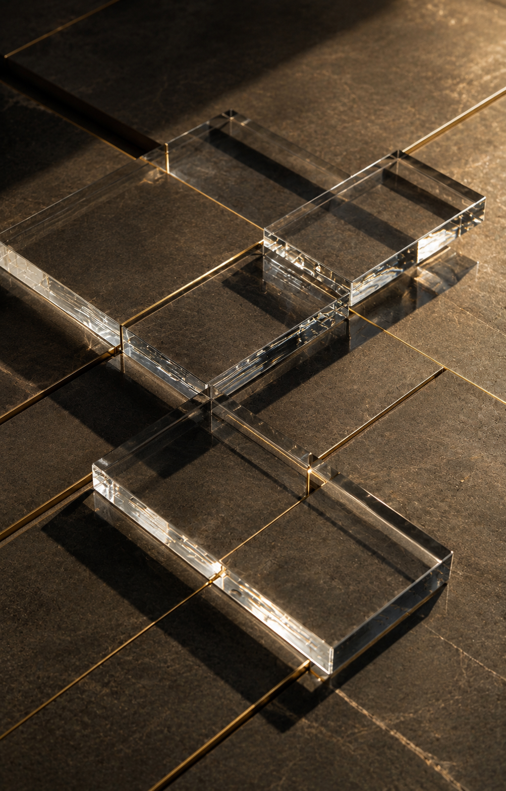 Interlocking transparent glass blocks with gold ledger lines on dark stone, representing blockchain trust, provenance, smart contracts, RWAs, DePIN, and auditability.