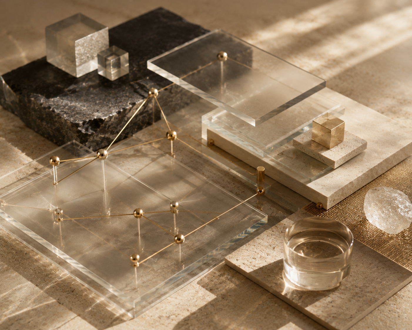 Glass layers, gold nodes, fine connecting lines, charcoal stone, and ivory slabs representing AI, blockchain, decentralized systems, RWAs, DePIN, and digital identity.