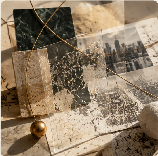 Layered maps, architectural plans and materials representing RAEYS capabilities across strategy, technology, markets, institutions and cities.