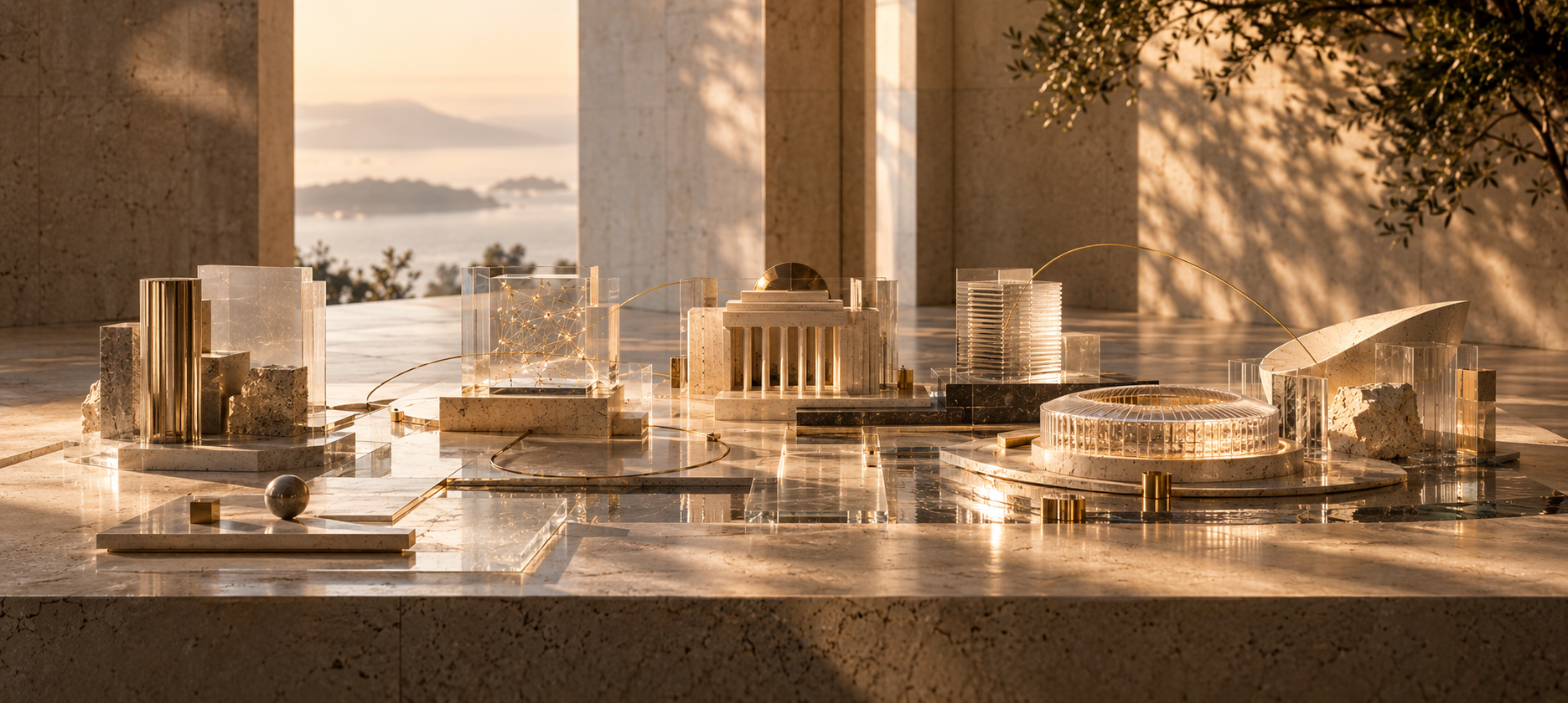 Architectural model of interconnected institutions and systems representing RAEYS work across companies, governments, universities, technology ecosystems, cities and major events.