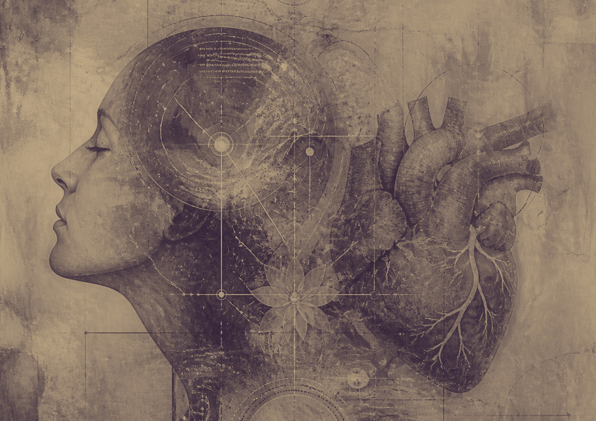 A collage of a woman's profile, geometric circles, and floral drawings, over a textured beige background.